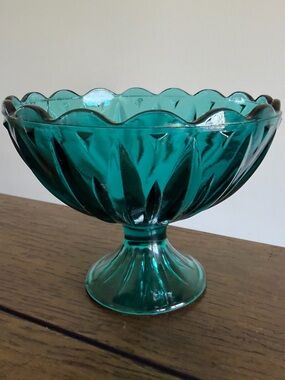 Vintage MCM Teal Glass Pedestal Dish 60's 70's Perfect Planter Clear Colored